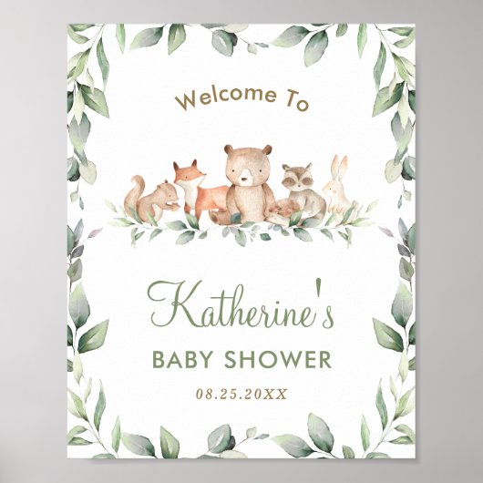 Woodland Animals Greenery Baby shower Welkomstbord Poster (Voorkant)