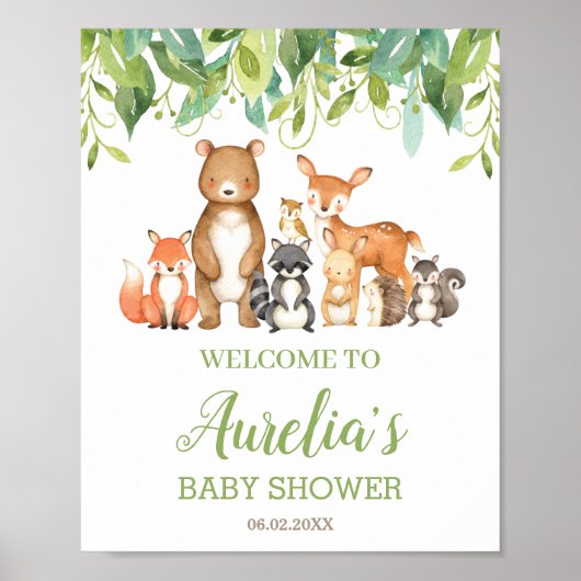 Woodland Animals Greenery Baby shower Welkomstbord Poster (Voorkant)