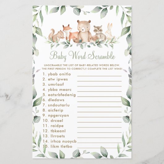 Woodland Animals Greenery Baby Word Scramble Game (Voorkant)