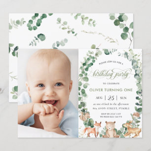 Woodland Animals Greenery Birthday Party Foto  Kaart