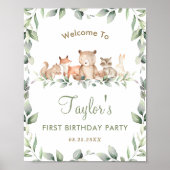 Woodland Animals Greenery Birthday Welkomstbord Poster (Voorkant)