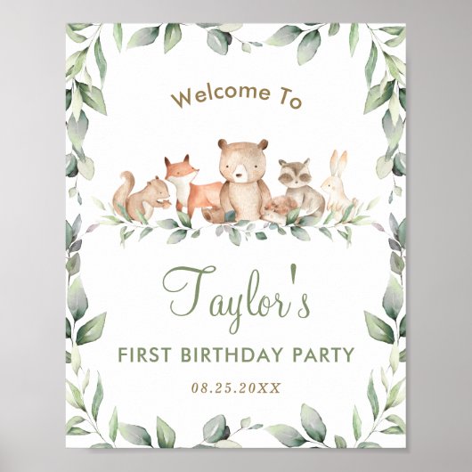 Woodland Animals Greenery Birthday Welkomstbord Poster (Voorkant)