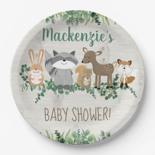 Woodland Animals Greenery Cute Baby shower Papieren Bordje (Voorkant)