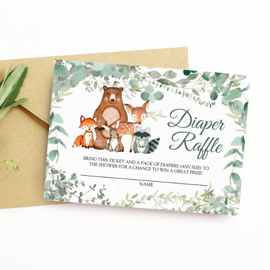 Woodland Animals Greenery Diaper Raffle Card Informatiekaartje