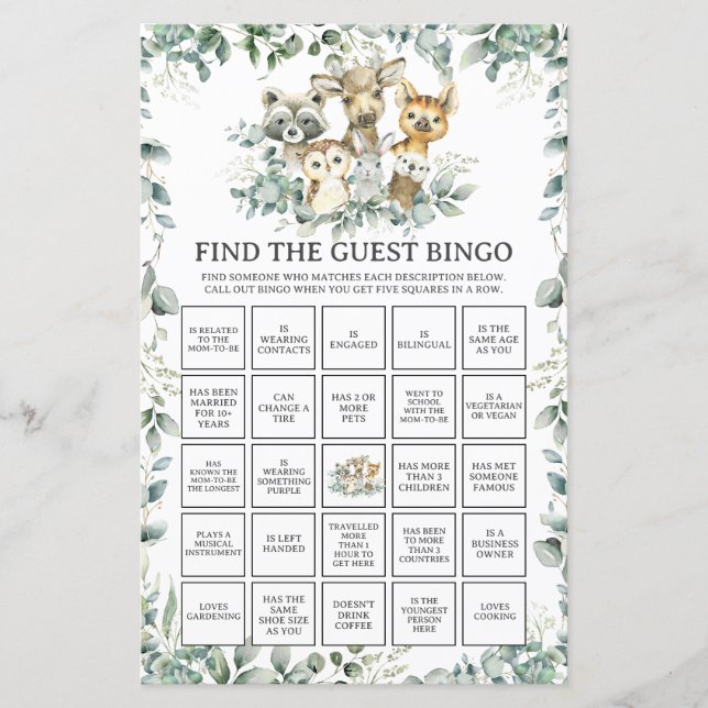 Woodland Animals Greenery Find the Guest Bingo (Voorkant)