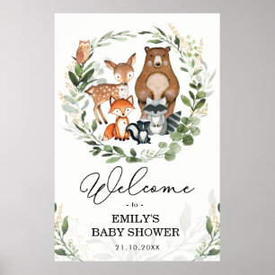 Woodland Animals Greenery Gold Forest Welcome Baby Poster
