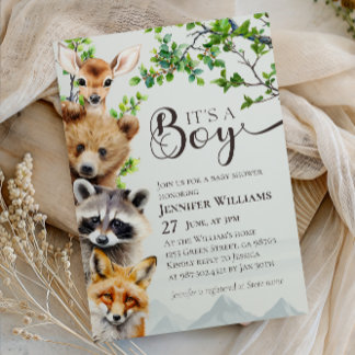 Woodland Animals Greenery It’s a Boy Baby Shower Kaart