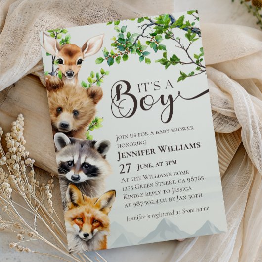 Woodland Animals Greenery It’s a Boy Baby Shower Kaart