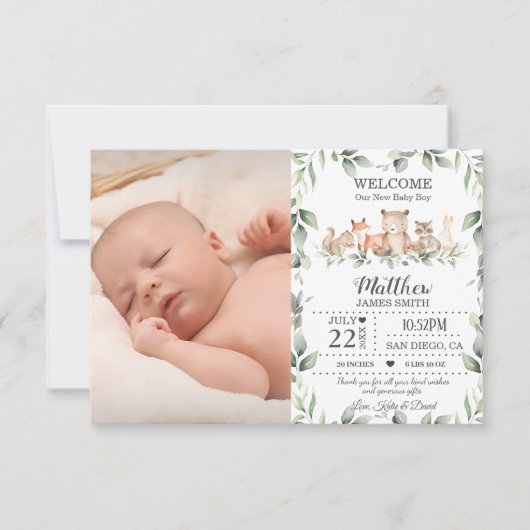 Woodland Animals Greenery New Baby Boy Foto Birth Aankondiging (Voorkant)