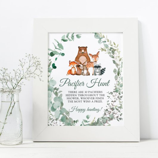 Woodland Animals Greenery Pacifier Hunt Game Sign Poster