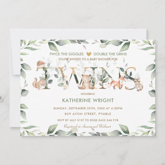 Woodland Animals Greenery Twin Neutraal Baby showe Kaart (Voorkant)