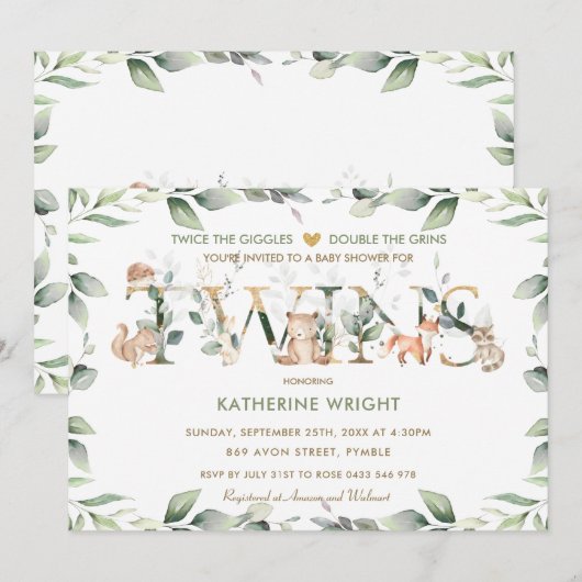 Woodland Animals Greenery Twin Neutraal Baby showe Kaart (Voorkant / Achterkant)