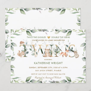 Woodland Animals Greenery Twin Neutraal Baby showe Kaart