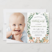 Woodland Animals Greenery Verjaardagsfeest Foto Kaart (Voorkant)