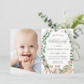 Woodland Animals Greenery Verjaardagsfeest Foto Kaart (Staand voorkant)