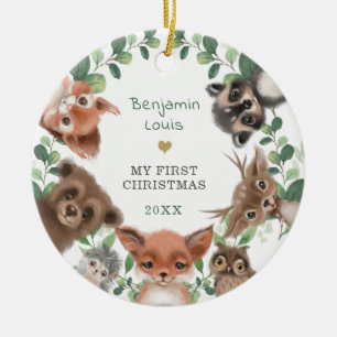 Woodland Animals Greenery Wreaty 1e Kerstmis Cer Keramisch Ornament