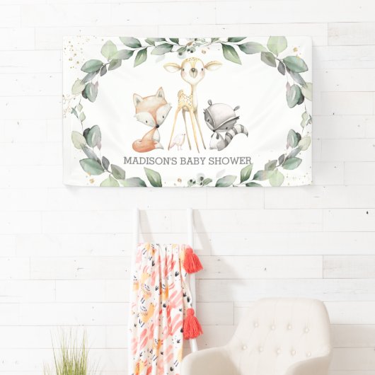 Woodland Animals GreenGenery Baby shower Achtergro Spandoek (Insitu)