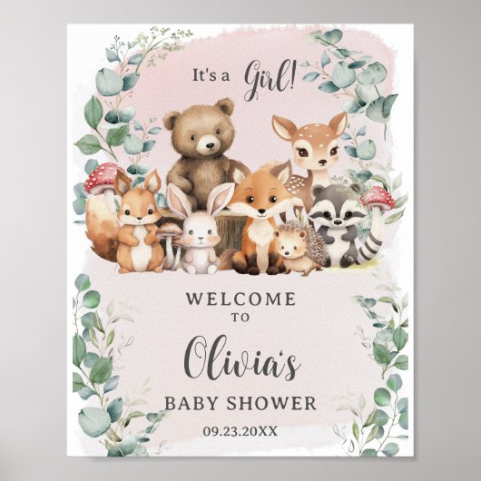 Woodland Animals Groen Meisje Baby shower Welkom Poster (Voorkant)