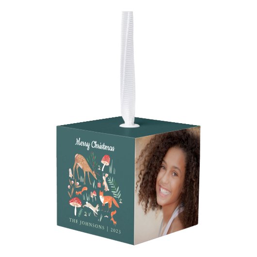 Woodland Animals Groene Kerstmis Foto Decoratie (Achter hoekig)