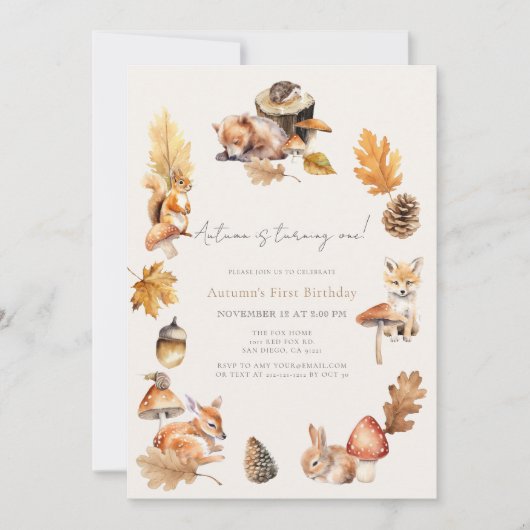 Woodland Animals Herfst/Autumn Mushroom 1e Verjaar Kaart (Voorkant)