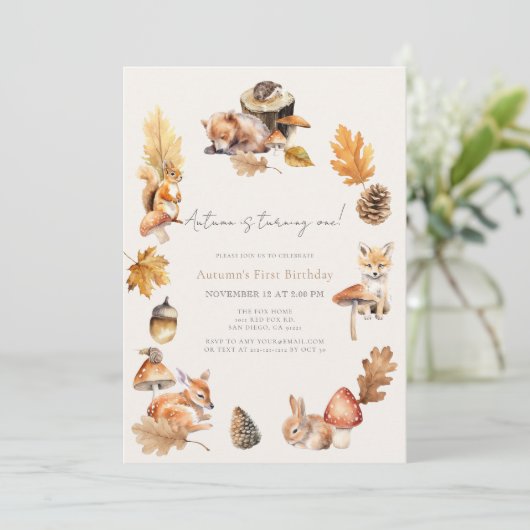 Woodland Animals Herfst/Autumn Mushroom 1e Verjaar Kaart (Staand voorkant)