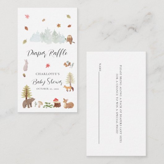 Woodland Animals Herfst Baby shower Luier Raffle Informatiekaartje (Voorkant / Achterkant)