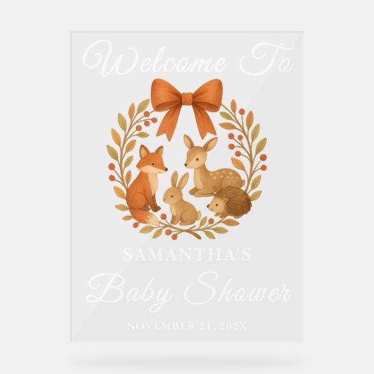 Woodland Animals Herfst Baby shower Welkom Acryl Bord (Voorkant)