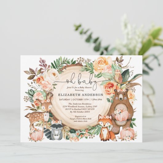 Woodland Animals Herfst Pumpkin Floral Baby shower Kaart (Staand voorkant)