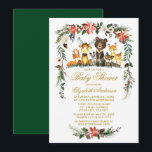 Woodland Animals Holiday Baby shower Gold Kaart<br><div class="desc">Waterverf Woodland Animals Baby shower Invitation. Onder "Baby Animals" vallen Beer, Der, Moose, Raccoon, Bunny Rabbit, Fox en Owl op pijnbomen. Vakanaal omvat elegante waterverf rode punsettias, witte rozen, pijnbomen, holbessen, katoen en botanische bladgroen. Gold Script.</div>