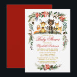 Woodland Animals Holiday Baby shower Red Gold Kaart<br><div class="desc">Waterverf Woodland Animals Baby shower Invitation. Onder "Baby Animals" vallen Beer,  Der,  Moose,  Raccoon,  Bunny Rabbit,  Fox en Owl op pijnbomen. Vakanaal omvat elegante waterverf rode punsettias,  witte rozen,  pijnbomen,  holbessen,  katoen en botanische bladgroen. Goud en rood script.</div>