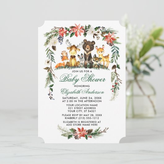 Woodland Animals Holiday Green Baby shower Kaart (Staand voorkant)