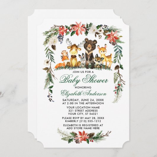 Woodland Animals Holiday Green Baby shower Kaart (Voorkant / Achterkant)