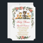 Woodland Animals Holiday Red Gold Baby shower Kaart<br><div class="desc">Waterverf Woodland Animals Baby shower Invitation. Onder "Baby Animals" vallen Beer,  Der,  Moose,  Raccoon,  Bunny Rabbit,  Fox en Owl op pijnbomen. Vakanaal omvat elegante waterverf rode punsettias,  witte rozen,  pijnbomen,  holbessen,  katoen en botanische bladgroen. Goud en rood script.</div>
