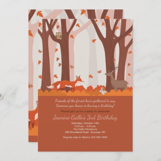 Woodland Animals Invitation Kaart (Voorkant / Achterkant)
