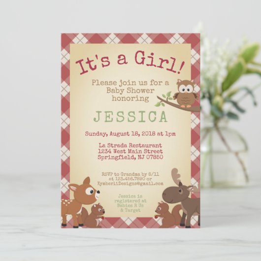 Woodland Animals It's a girl! baby shower Kaart (Staand voorkant)