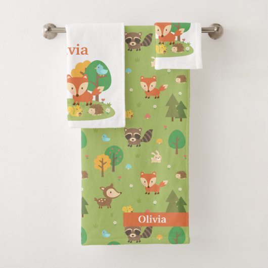 Woodland Animals Kinder Gepersonaliseerde badhandd Bad Handdoek (Insitu)