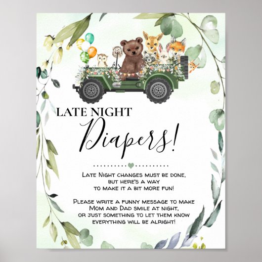 Woodland Animals Late Night Diapers Baby shower Poster (Voorkant)