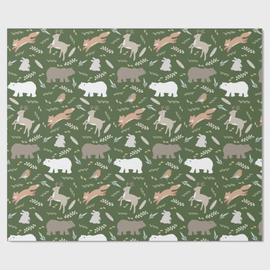 Woodland Animals & Leaf Pattern Forest Green Cadeaupapier (Vlak)