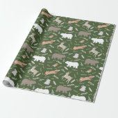 Woodland Animals & Leaf Pattern Forest Green Cadeaupapier (Uitgerold)