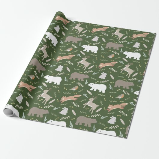 Woodland Animals & Leaf Pattern Forest Green Cadeaupapier (Uitgerold)