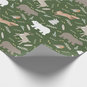 Woodland Animals & Leaf Pattern Forest Green Cadeaupapier