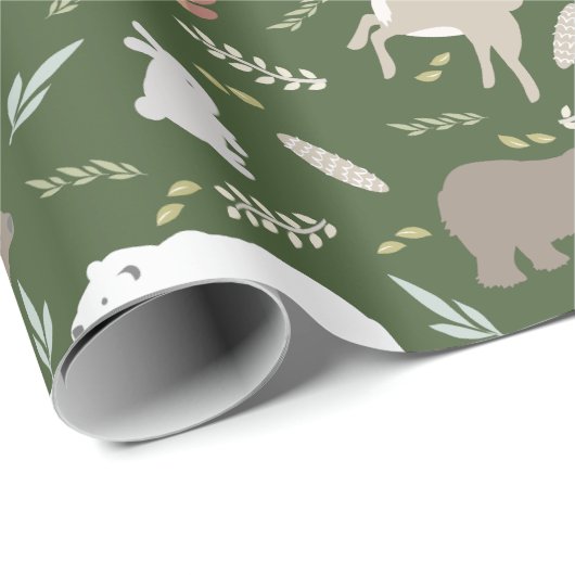 Woodland Animals & Leaf Pattern Forest Green Cadeaupapier (Rol Hoek)