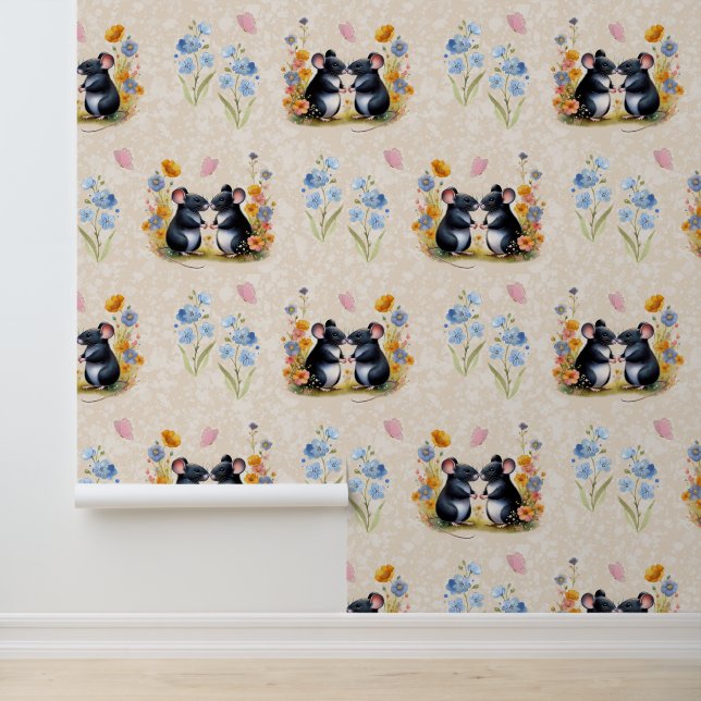 Woodland Animals Love Muizen Bloemenvlinder Behang (Applicatie)