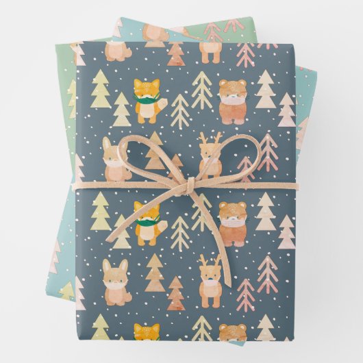 Woodland Animals Mask Tree Pattern Holiday Inpakpapier Vel (In situ)