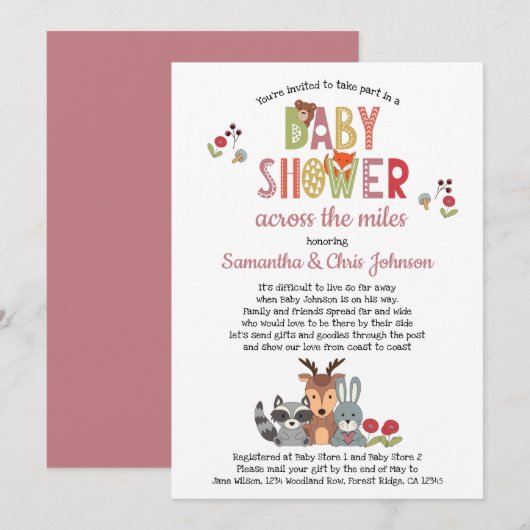 Woodland Animals Meisje Baby shower per Mail Kaart (Voorkant / Achterkant)