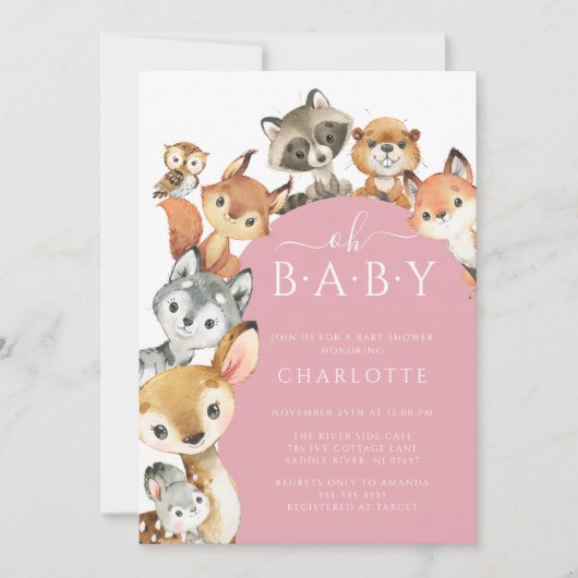 Woodland Animals Meisjes Baby shower Invitation Kaart (Voorkant)