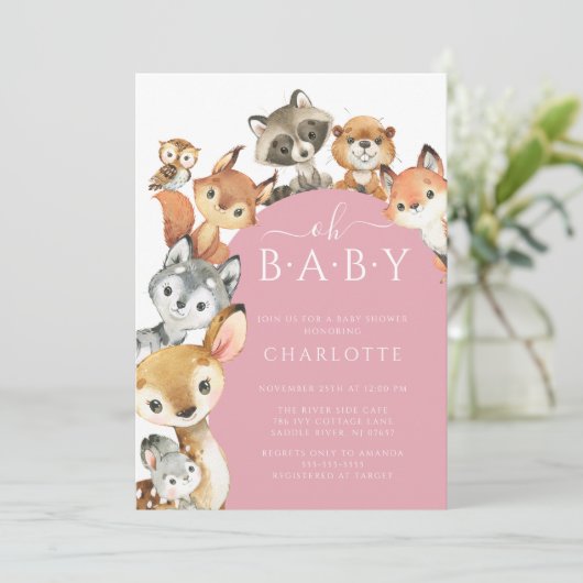 Woodland Animals Meisjes Baby shower Invitation Kaart (Staand voorkant)