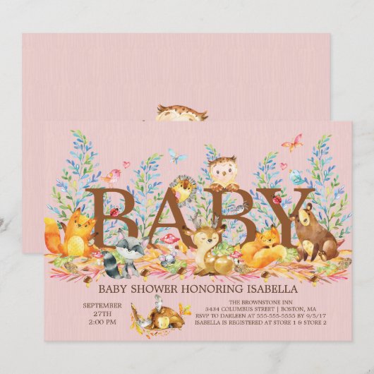 Woodland Animals Meisjes Baby shower Invitation Kaart (Voorkant / Achterkant)