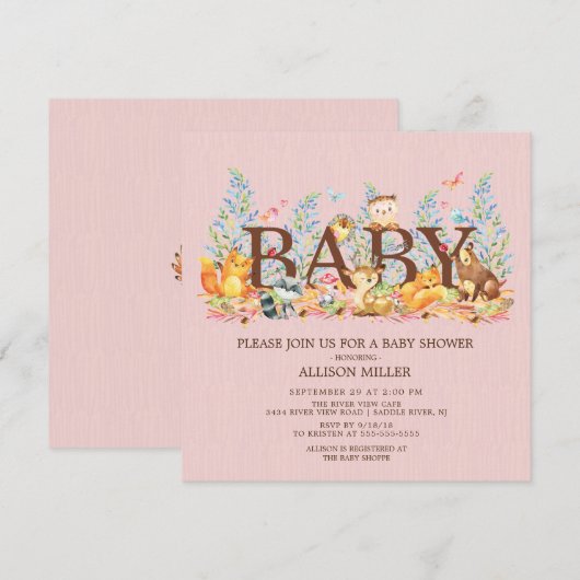 Woodland Animals Meisjes Baby shower Invitation Kaart (Voorkant / Achterkant)