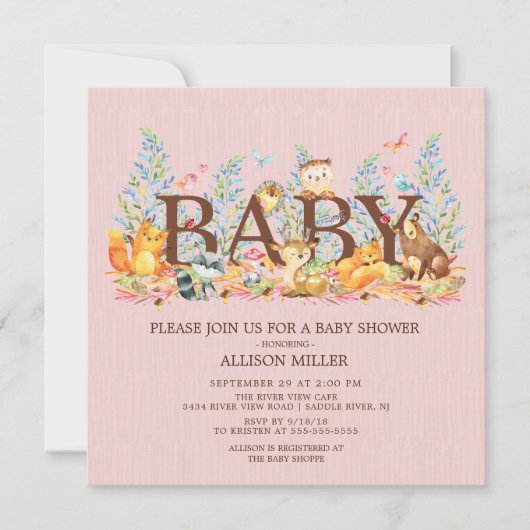 Woodland Animals Meisjes Baby shower Invitation Kaart (Voorkant)